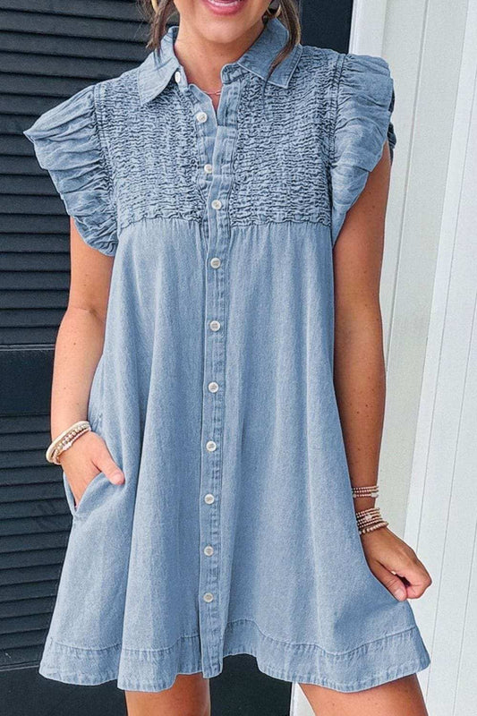 Smocked Collared Neck Cap Sleeve Denim Dress - Trendsi - Flyclothing LLC