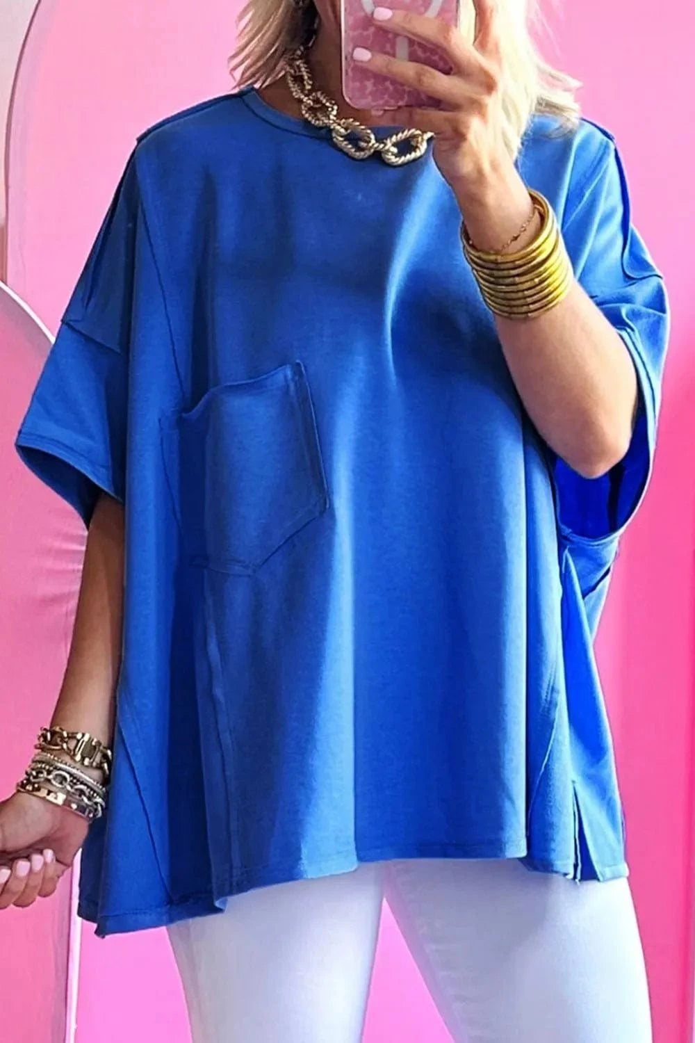 Patched Pocket Exposed Seam Oversize T-shirt - Trendsi