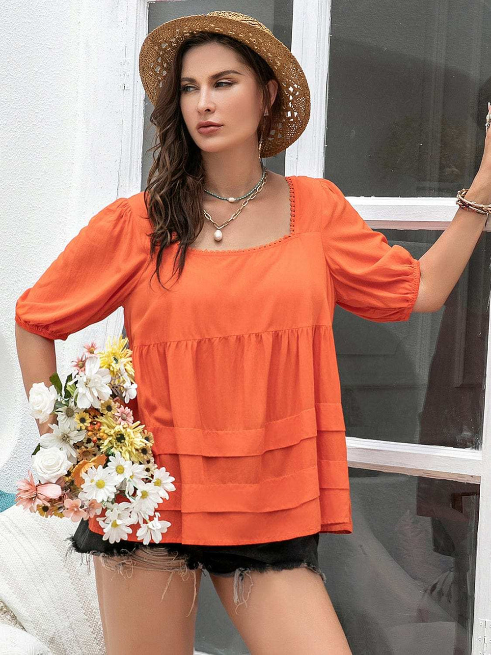 Plus Size Square Neck Half Sleeve Blouse - Trendsi - Flyclothing LLC