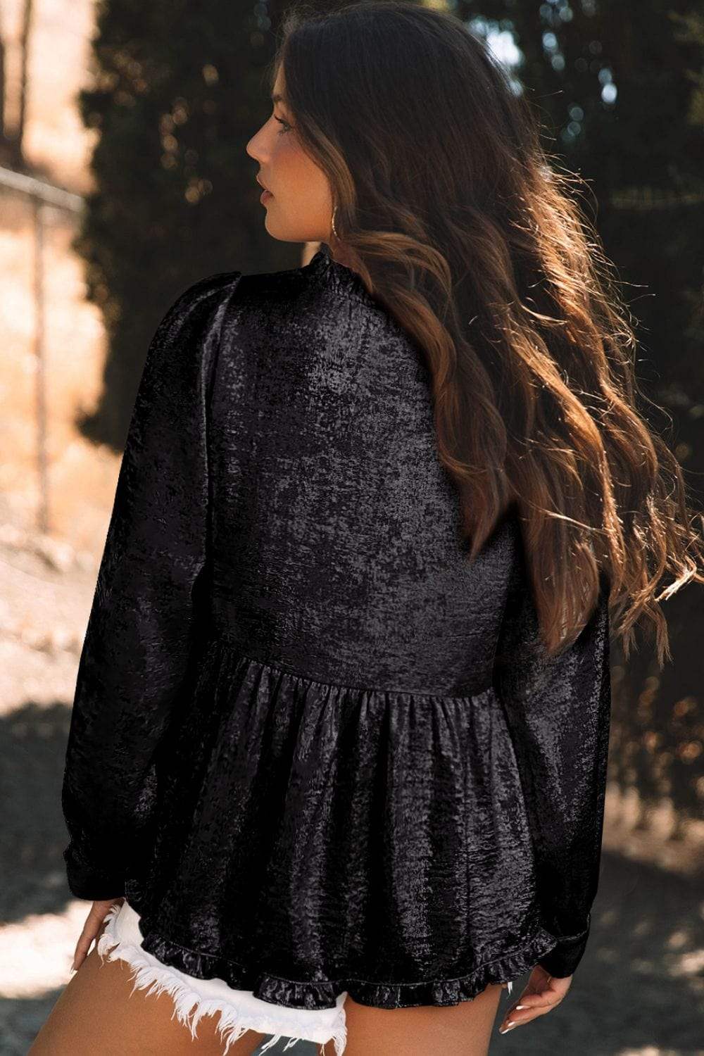 Frill Peplum V-Neck Long Sleeve Blouse - Trendsi - Flyclothing LLC