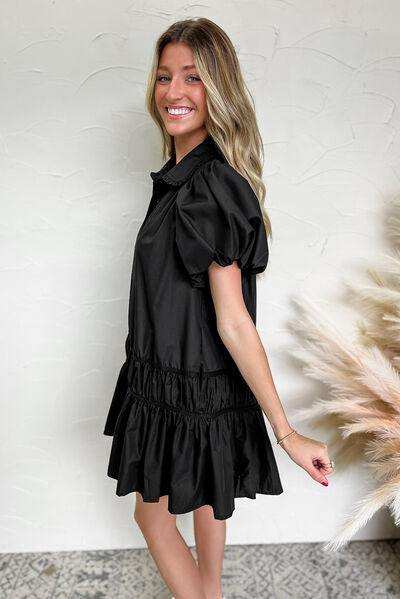 Button Down Puff Sleeve Ruffle Hem Dress - Trendsi - Flyclothing LLC