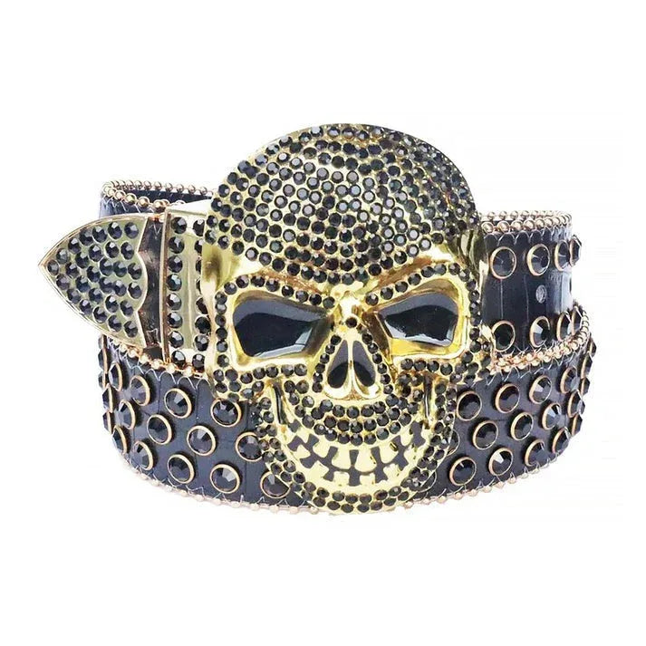 Black Rhinestone Belt With Black Strap and Skull Buckle - Rhinestone Belt Store - Flyclothing LLC