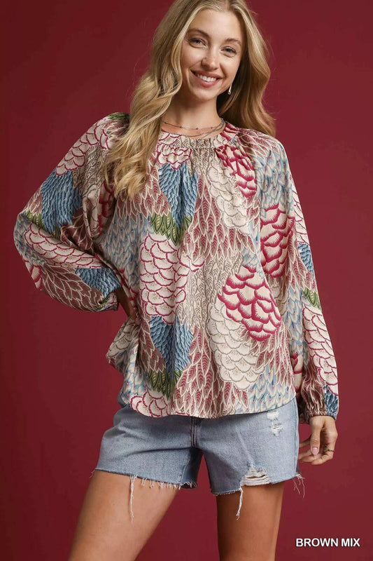 Umgee Boho Feather Print Peasant Blouse - Trendsi - Flyclothing LLC