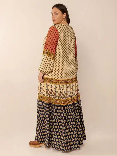 Plus Size Printed V-Neck Long Sleeve Maxi Dress - Trendsi - Flyclothing LLC
