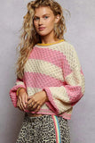 POL Contrast Striped Round Neck Sweater with Textured Cable Knit Pattern - Trendsi - Flyclothing LLC