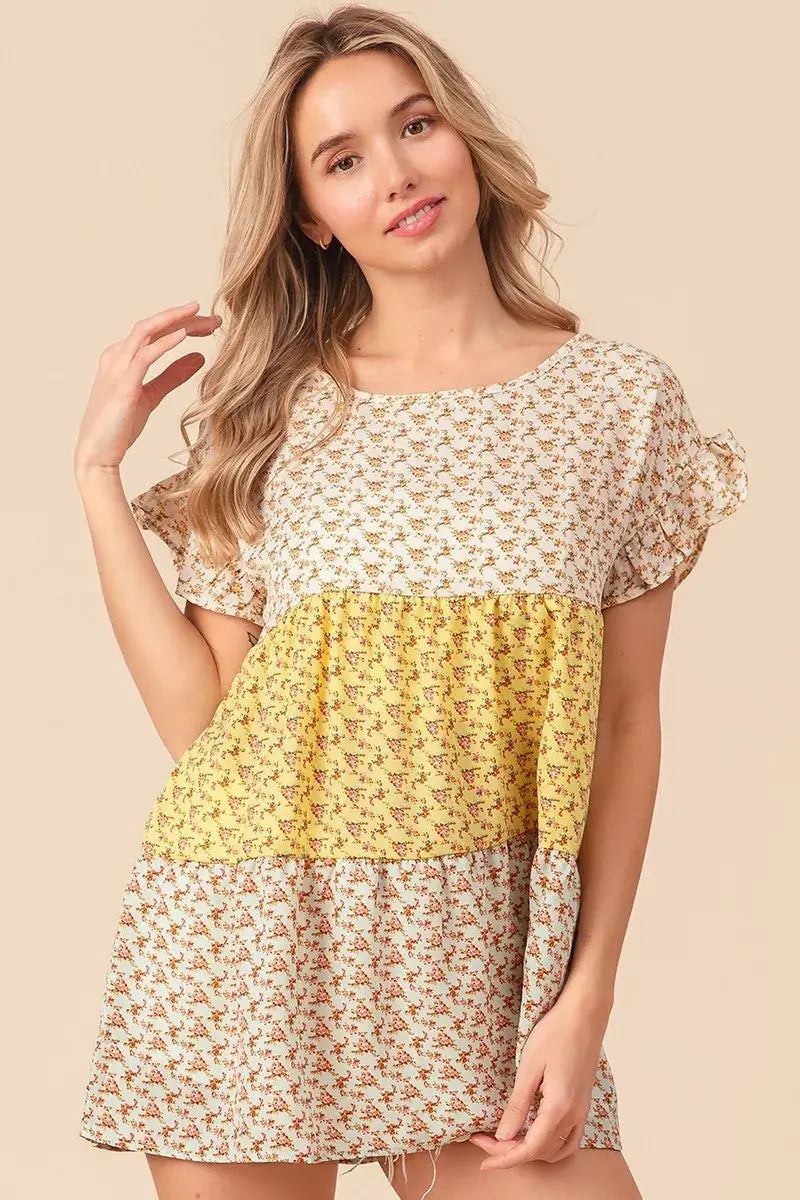 BiBi Flroal Printed Woven Color Block and Tiered Top - Trendsi - Flyclothing LLC
