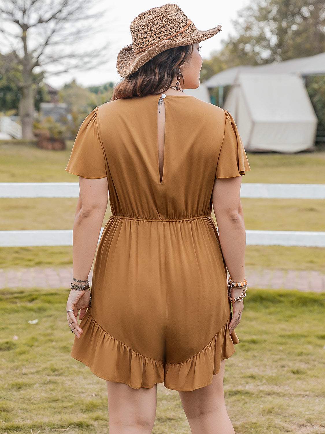 Plus Size Ruffled V-Neck Short Sleeve Romper - Trendsi - Flyclothing LLC