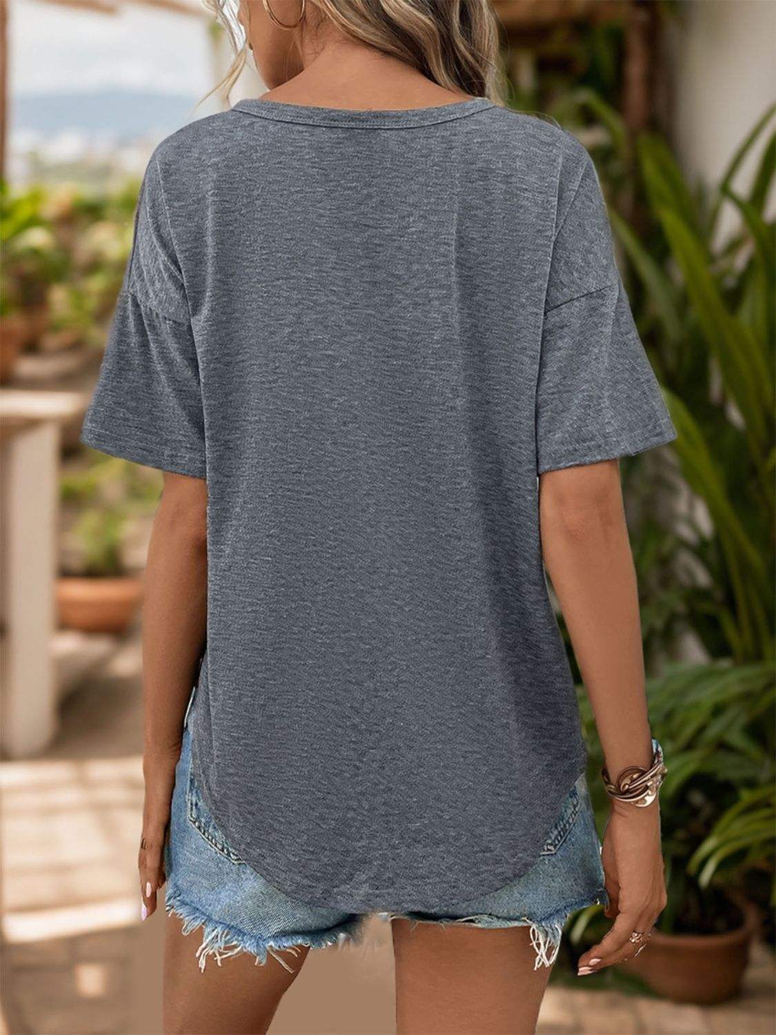 Notched Dropped Shoulder Half Sleeve T-Shirt - Trendsi - Flyclothing LLC