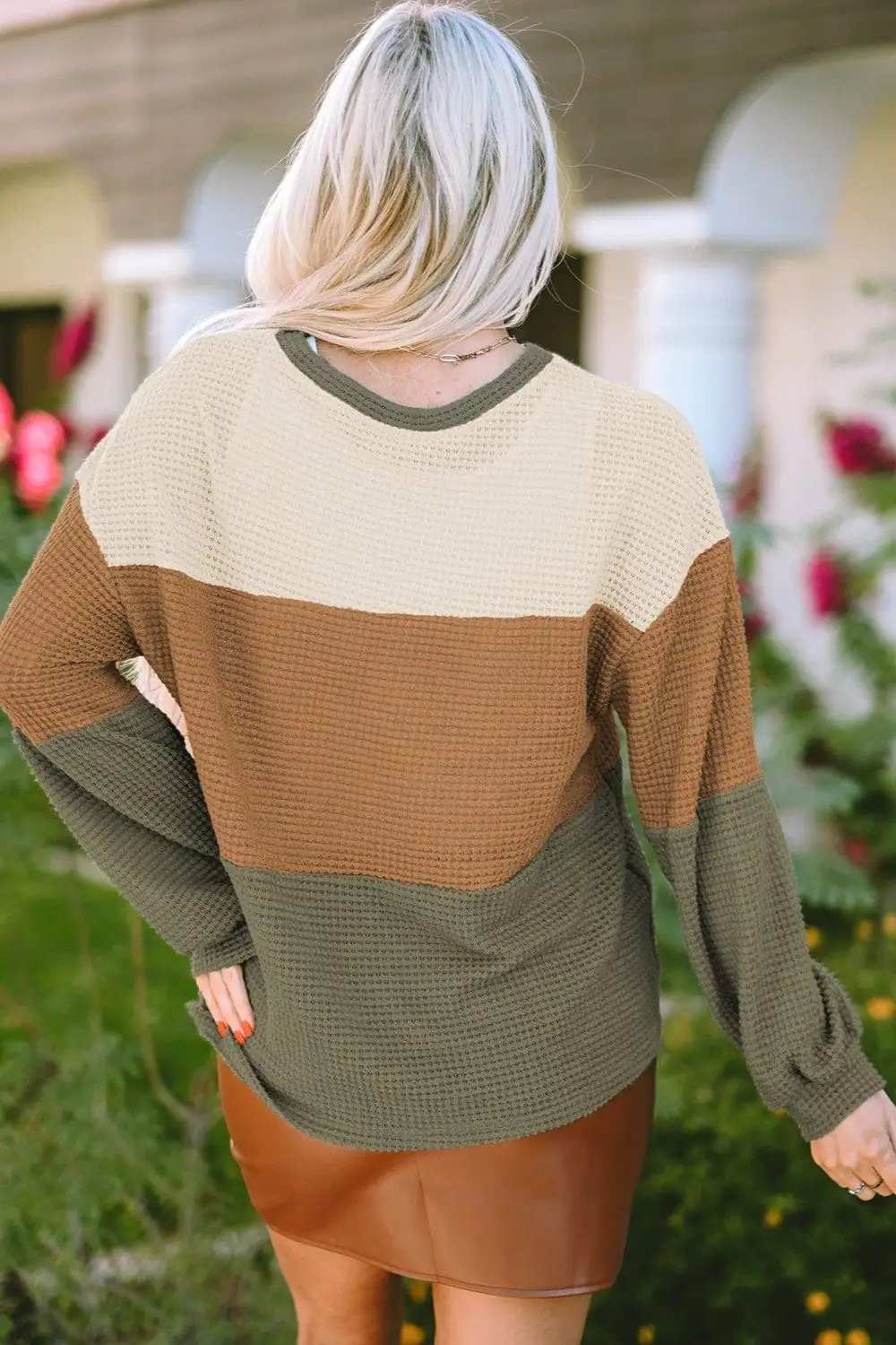 Waffle-Knit Color Block Round Neck Long Sleeve Blouse - Trendsi - Flyclothing LLC