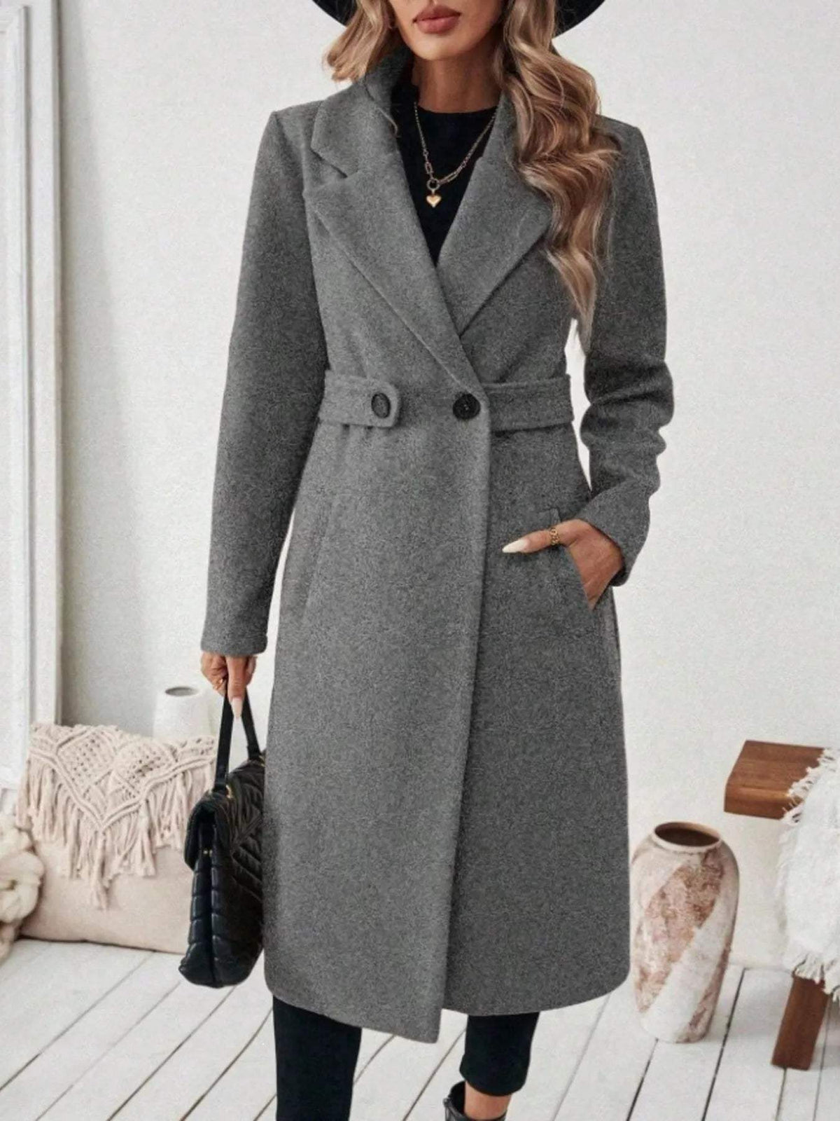 Full Size Elegant Lapel Collar Belted Coat with Pockets Plus Size - Trendsi - Flyclothing LLC