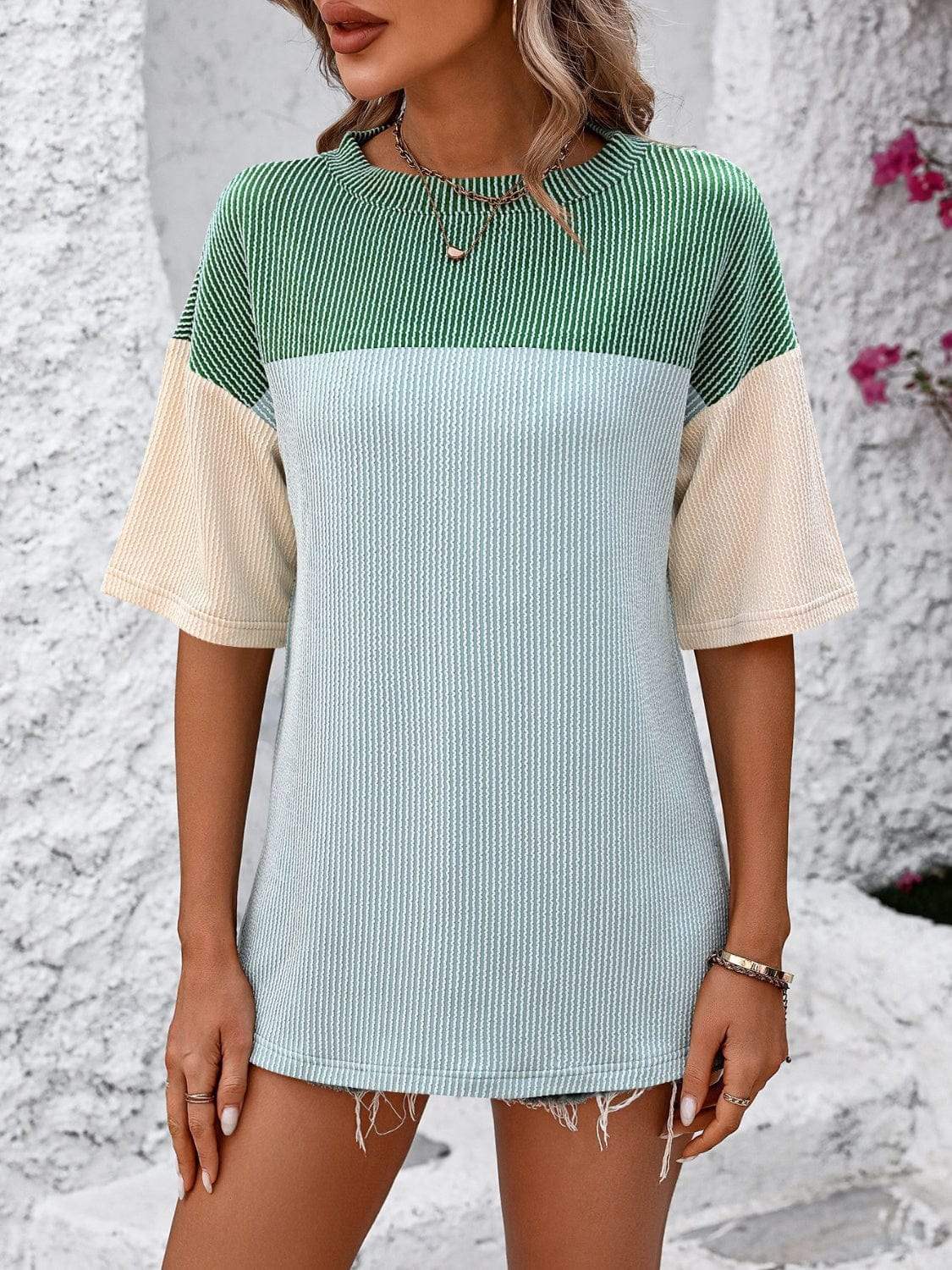 Color Block Round Neck Half Sleeve T-Shirt - Trendsi - Flyclothing LLC