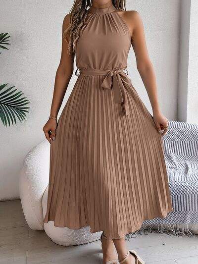 Grecian Neck Tie Waist Pleated Dress - Trendsi - Flyclothing LLC
