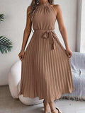 Grecian Neck Tie Waist Pleated Dress - Trendsi - Flyclothing LLC