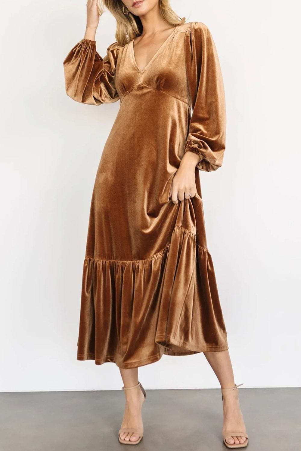V-Neck Long Sleeve Midi Velvet Dress - Trendsi - Flyclothing LLC
