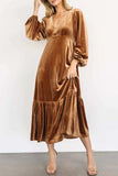 V-Neck Long Sleeve Midi Velvet Dress - Trendsi - Flyclothing LLC