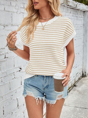 Lovelet Striped Round Neck Cap Sleeve Sweater - Trendsi