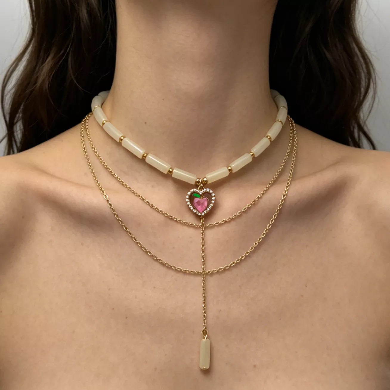 Layered Heart Pendant Necklace with Jade Beads - Trendsi - Flyclothing LLC