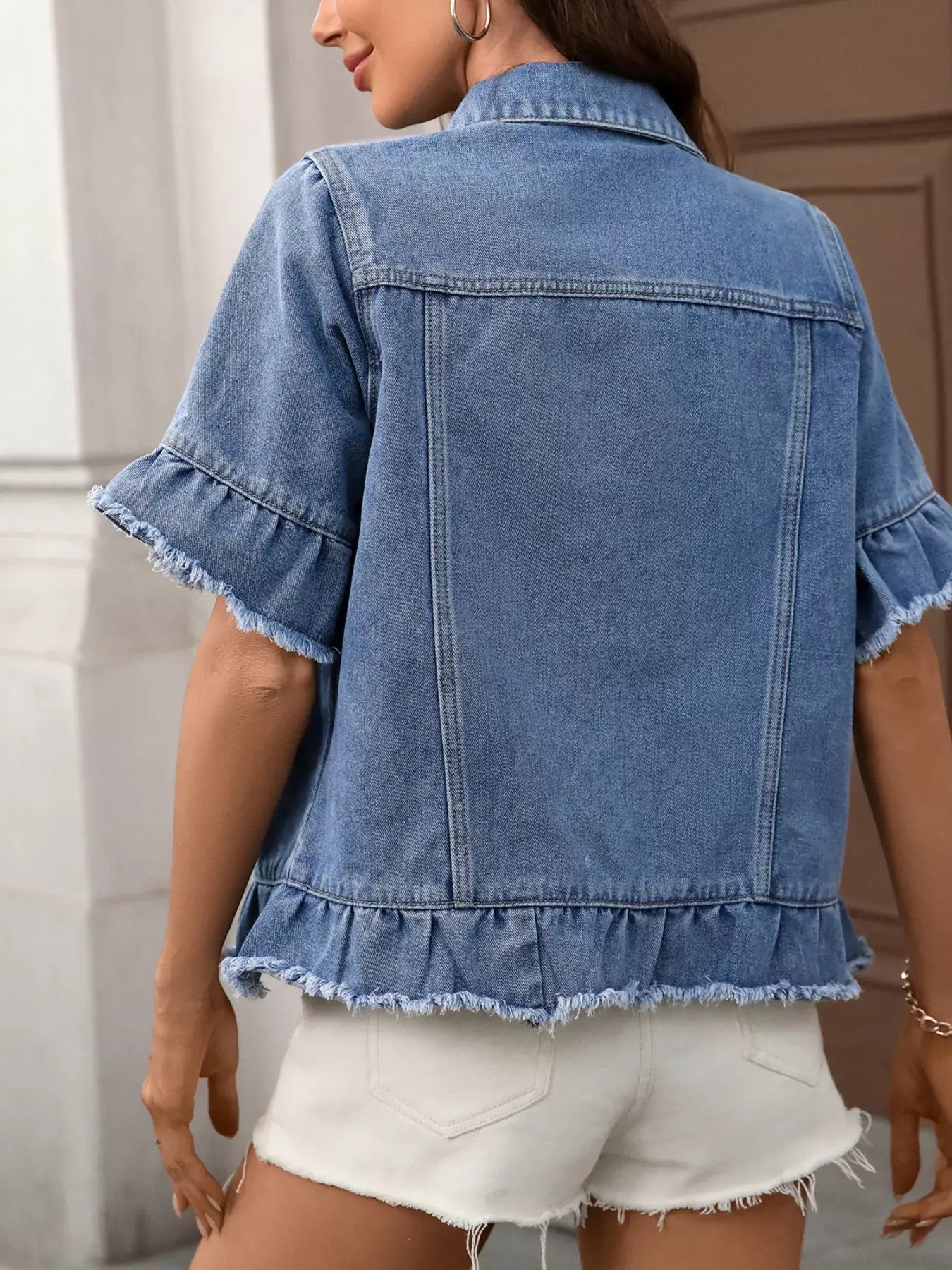 Raw Hem Button Up Denim Jacket - Trendsi - Flyclothing LLC