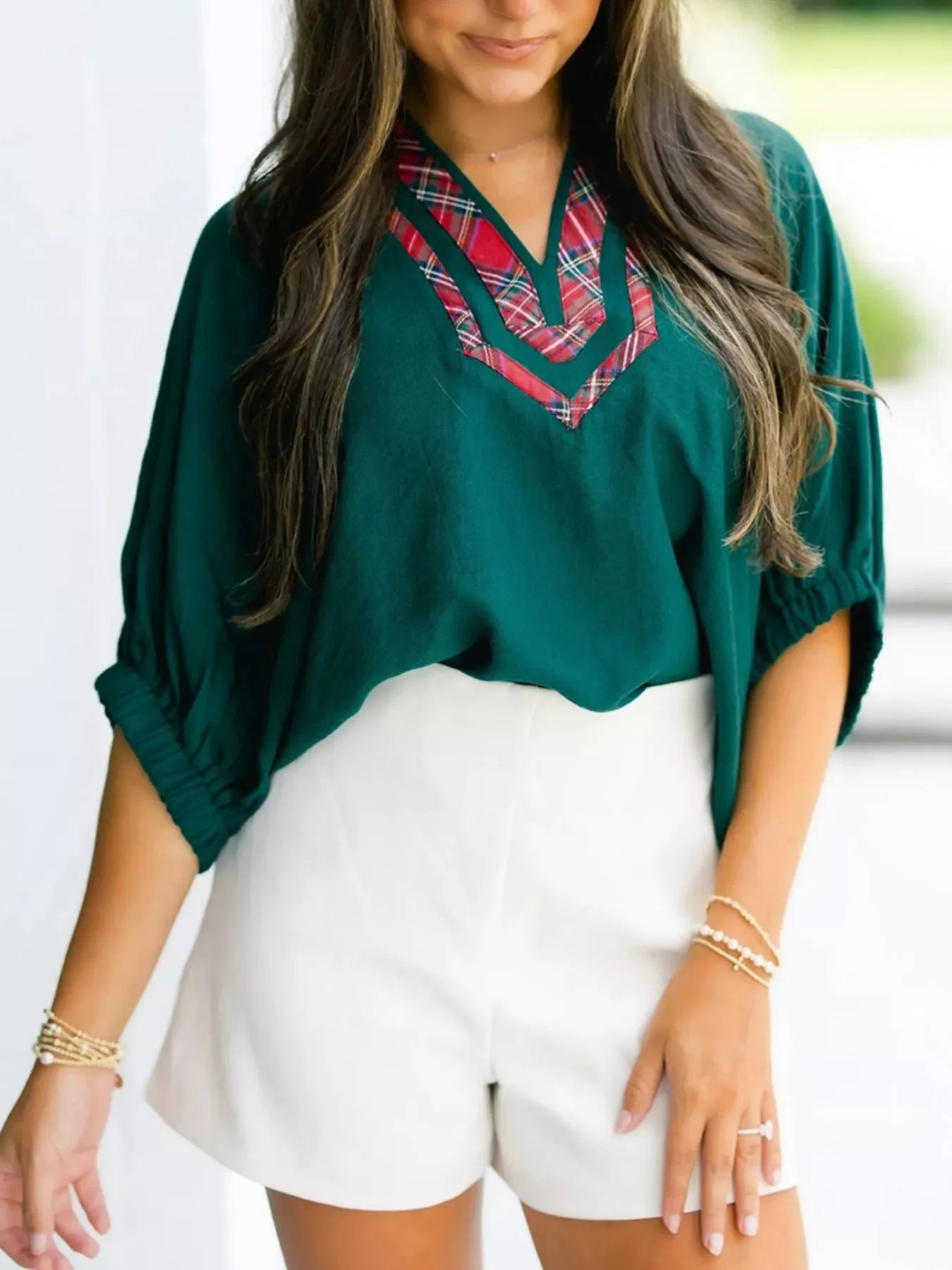 Plaid Trim Half Sleeve Blouse - Trendsi - Flyclothing LLC