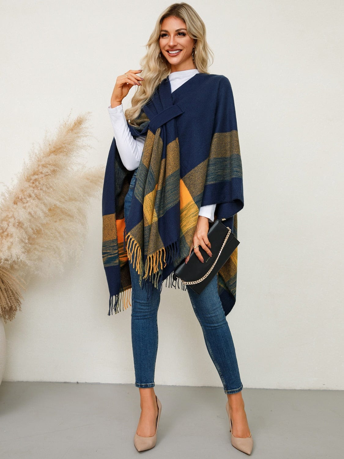 Fringe Contrast Plaid Poncho - Trendsi