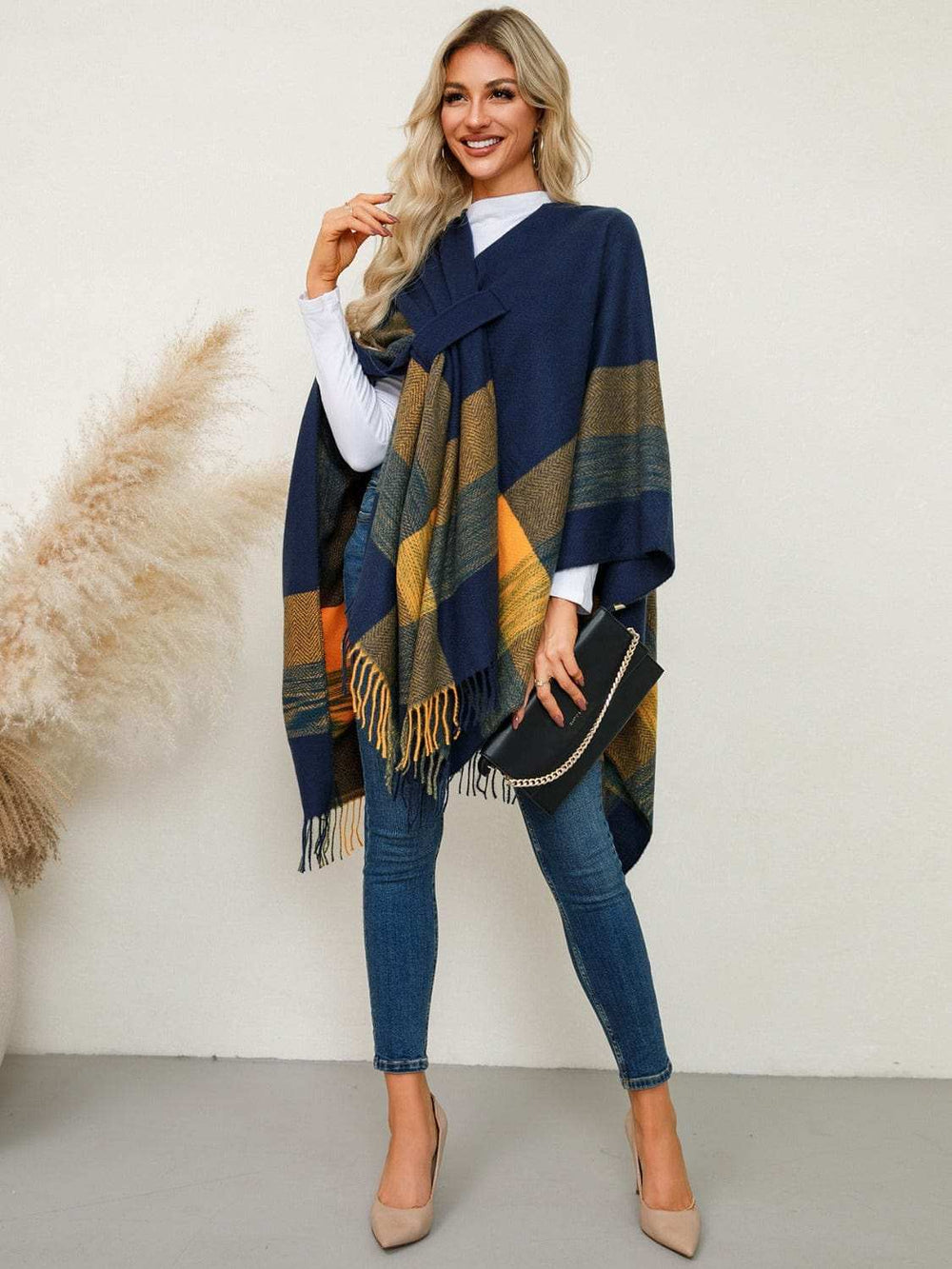 Fringe Contrast Plaid Poncho - Trendsi - Flyclothing LLC