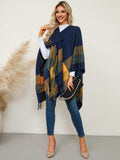 Fringe Contrast Plaid Poncho - Trendsi - Flyclothing LLC