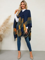 Fringe Contrast Plaid Poncho - Trendsi