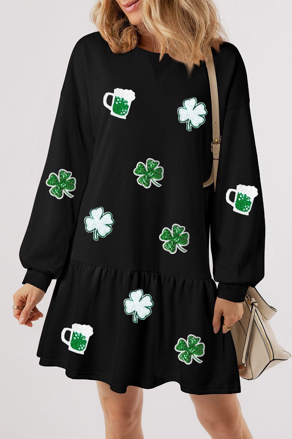 Clover Beer Patched Ruffle Hem Dress - Trendsi