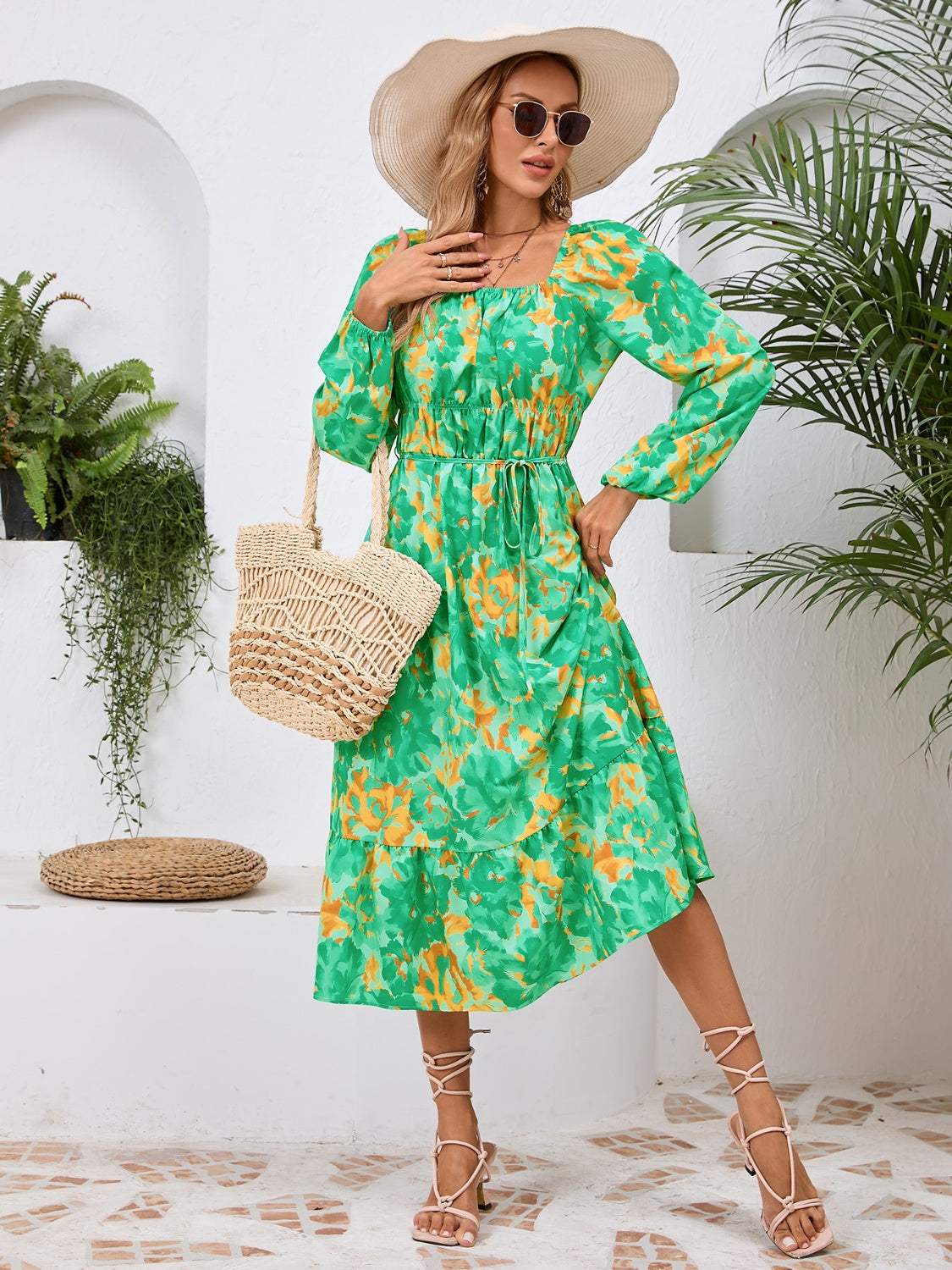 Printed Long Sleeve Midi Dress - Trendsi - Flyclothing LLC