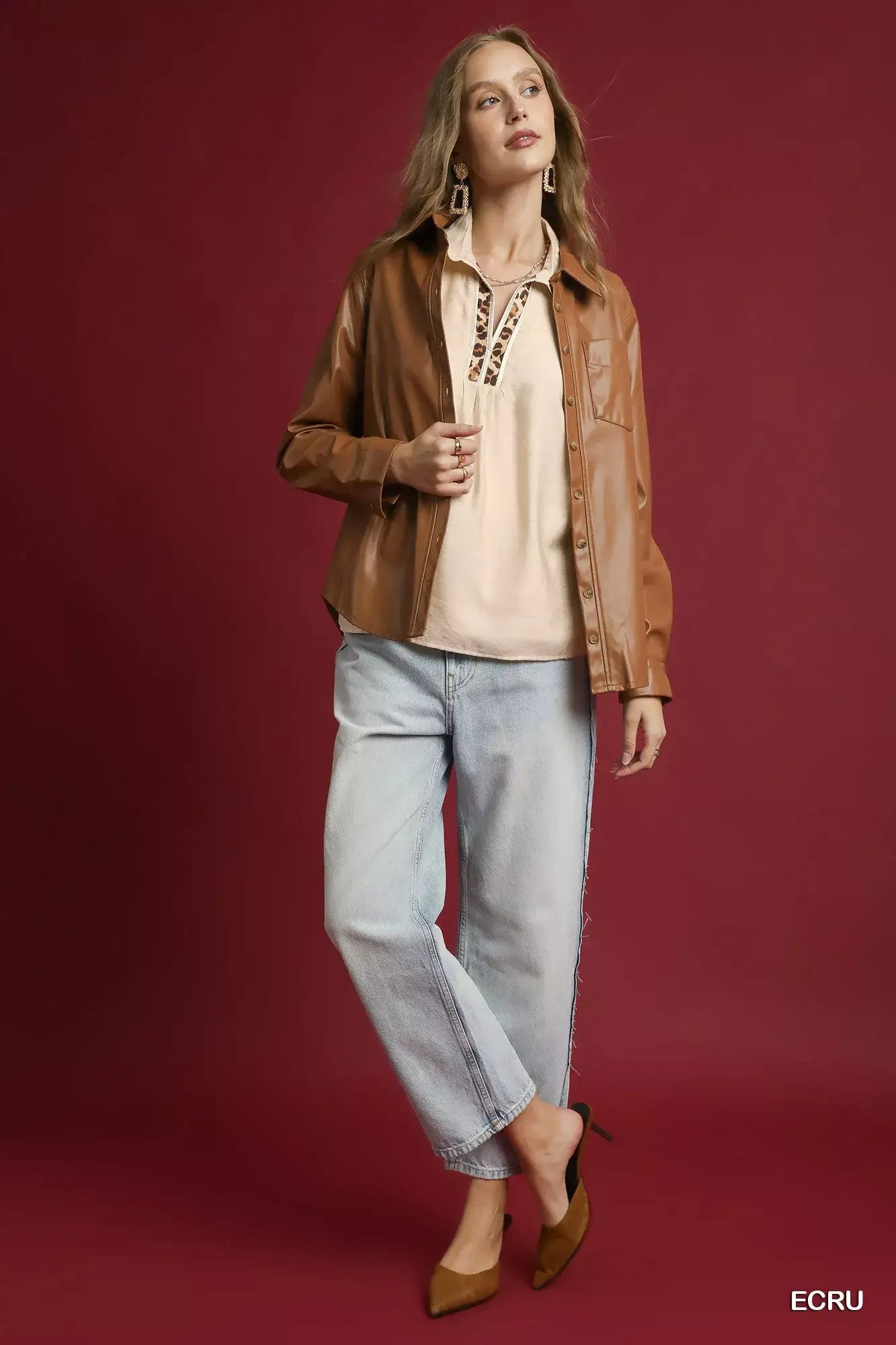 Umgee Long Sleeve Blouse with Leopard Print Trim - Trendsi - Flyclothing LLC