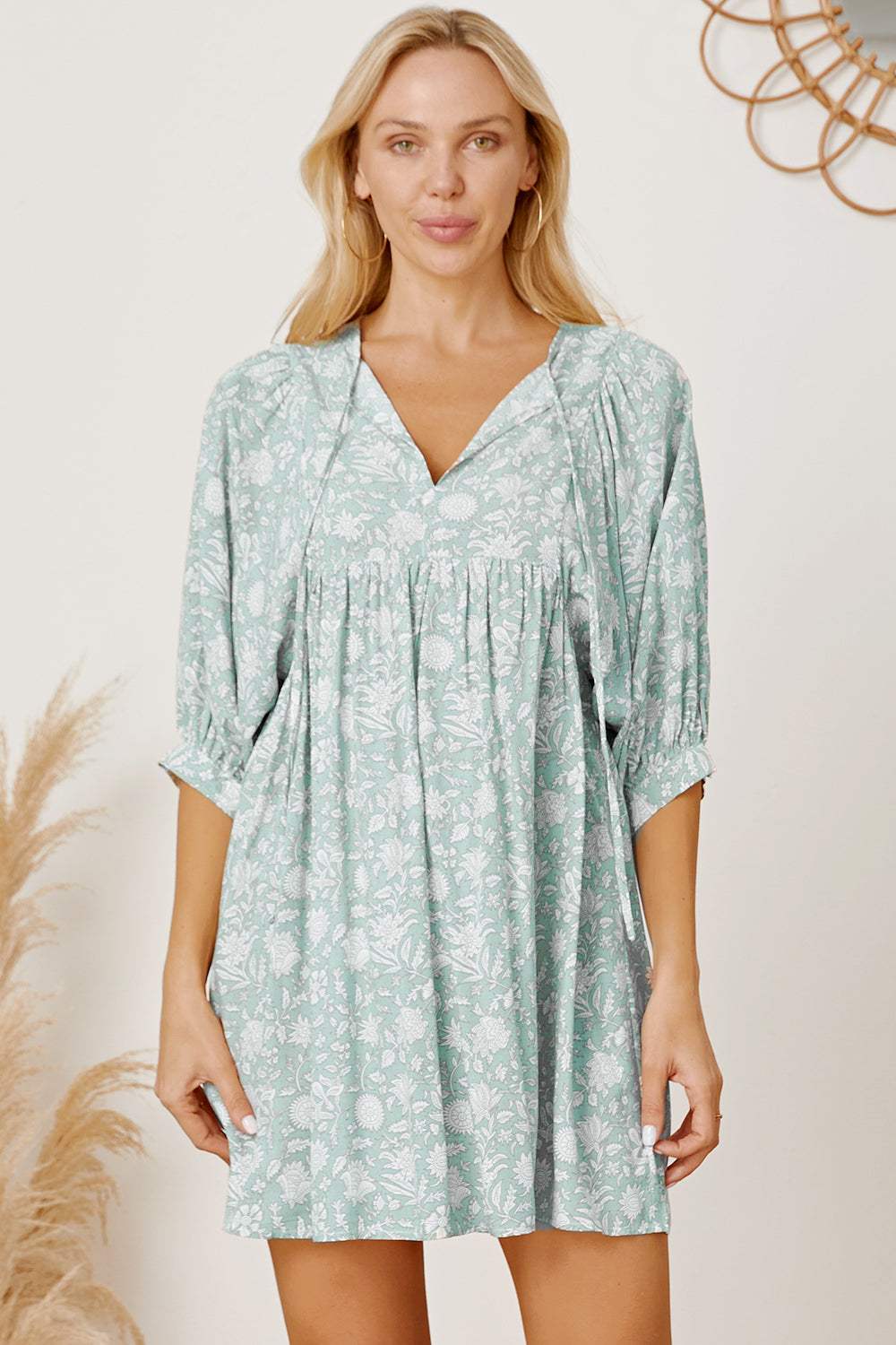 Floral Tie Neck Ruched Babydoll Dress - Trendsi - Flyclothing LLC