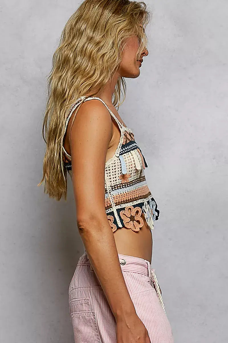 POL Cutout Flower Cropped Crochet Cami with with Dangle Detail - Trendsi - Flyclothing LLC