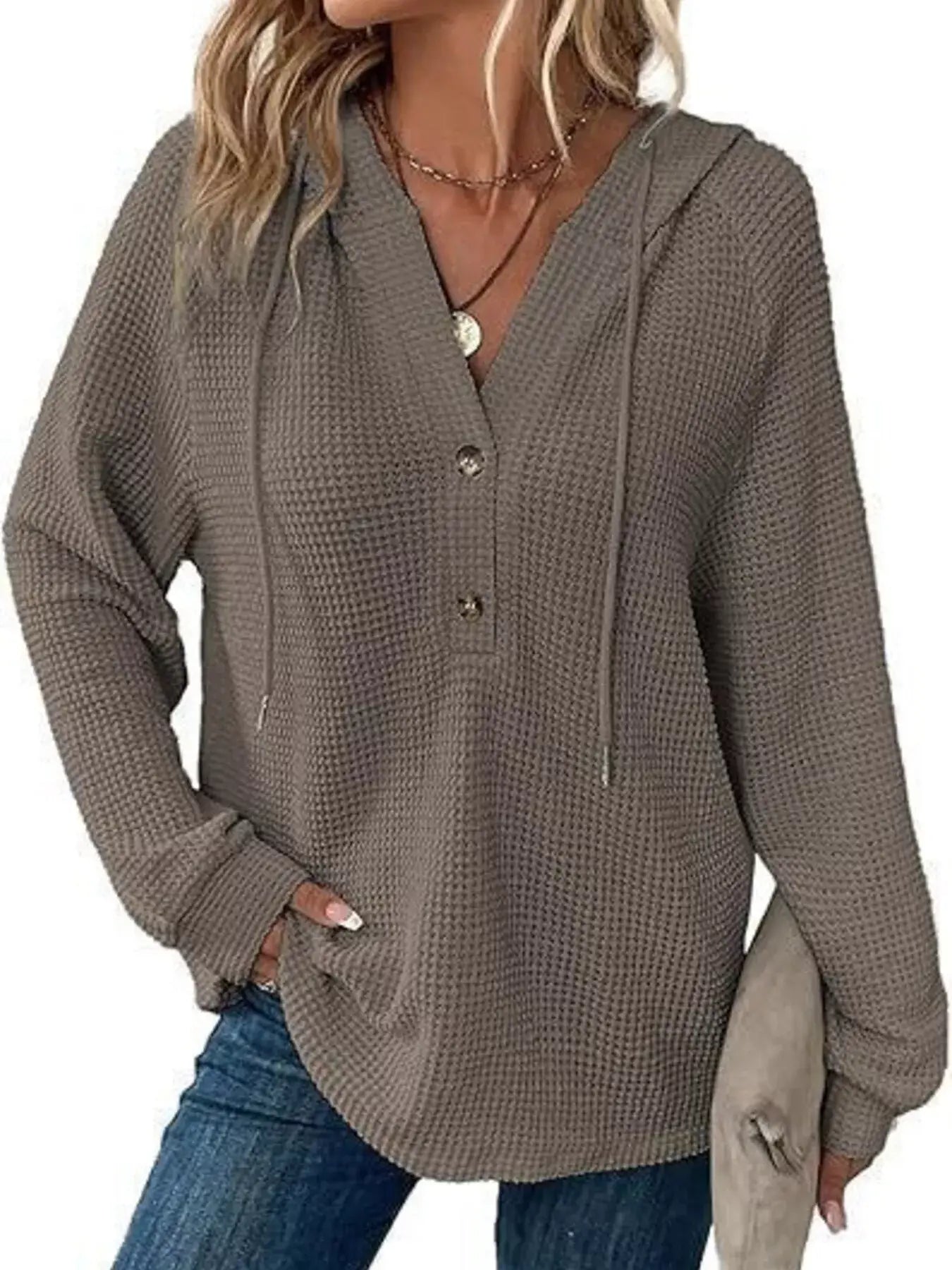 Full Size Button Detail Waffle Knit Hoodie Plus Size - Trendsi - Flyclothing LLC