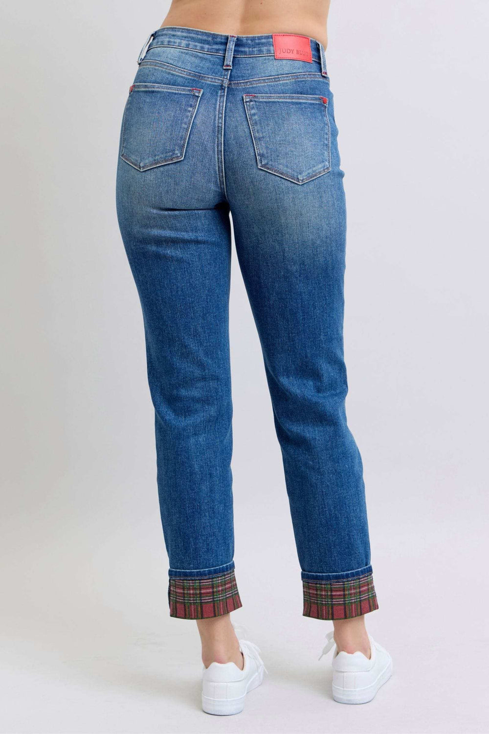 Judy Blue Full Size Plaid Print Cuff Straight Leg Jeans with Pockets - Trendsi - Flyclothing LLC