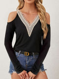 V-Neck Cold Shoulder Long Sleeve T-Shirt - Trendsi