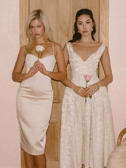 Chelsea Ivory Jacquard Ruched Bust Sweetheart Midi Dress - Miss Circle - Flyclothing LLC