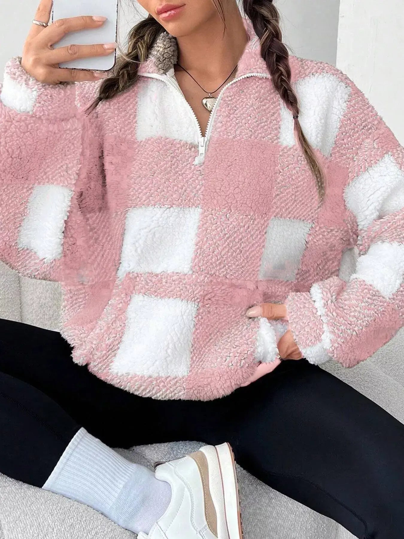 Full Size Plaid Sherpa Long Sleeve Sweatshirt Plus Size - Trendsi - Flyclothing LLC