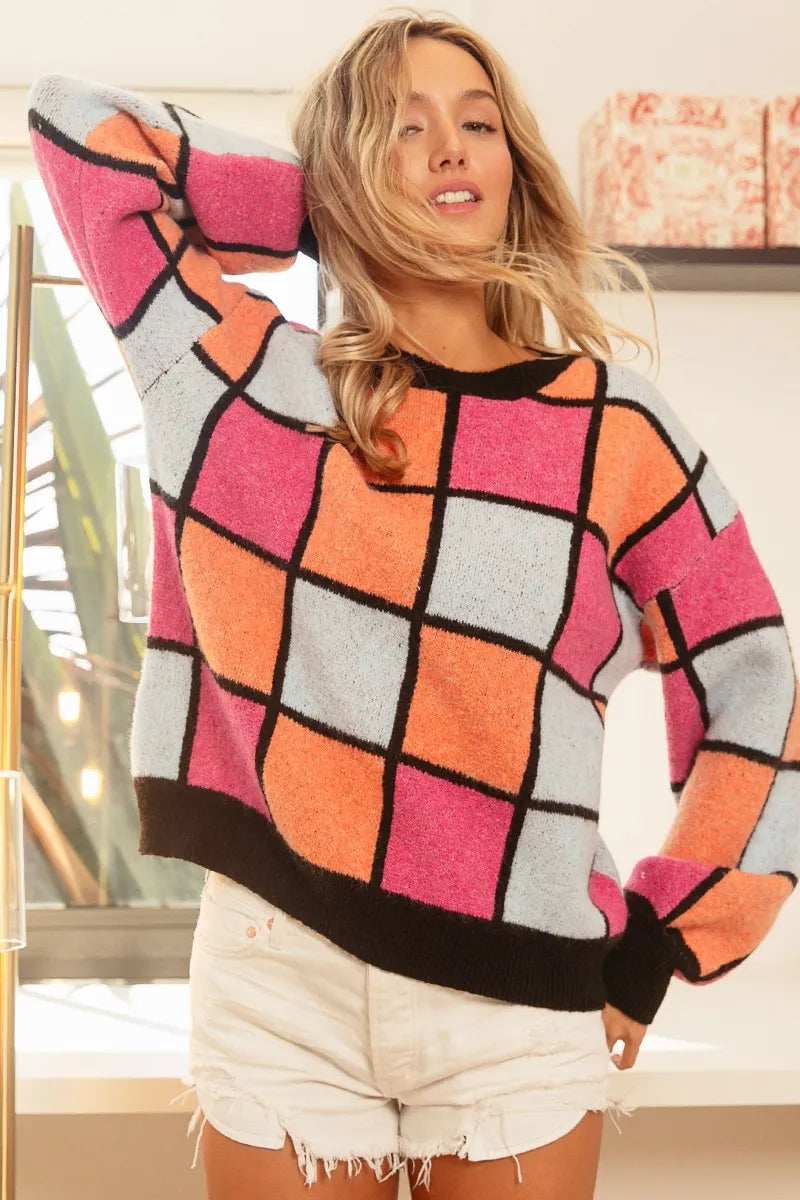 BiBi Multi Color Checker Pattern Sweater - Trendsi - Flyclothing LLC