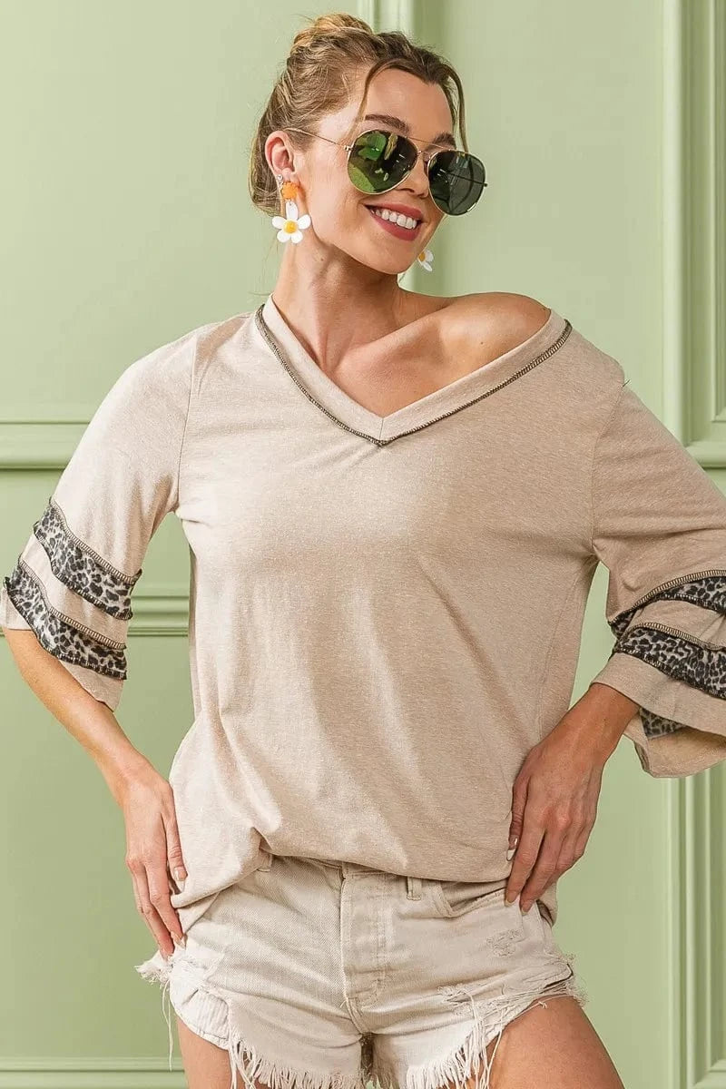 BiBi Triblend Knit Top with Leopard Band Detail - Trendsi