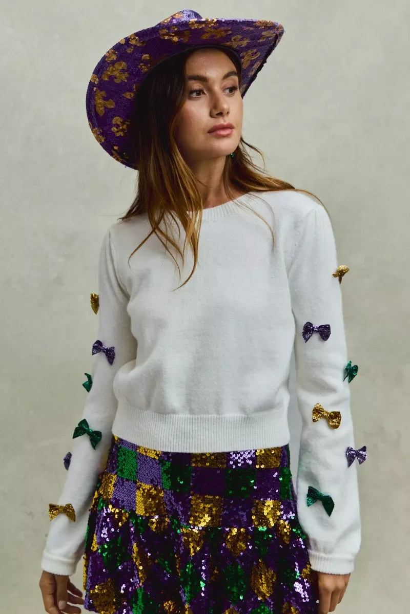 SO ME Mardi Gras Glitter Bow Ribbon Sweater Knit Top - Trendsi - Flyclothing LLC