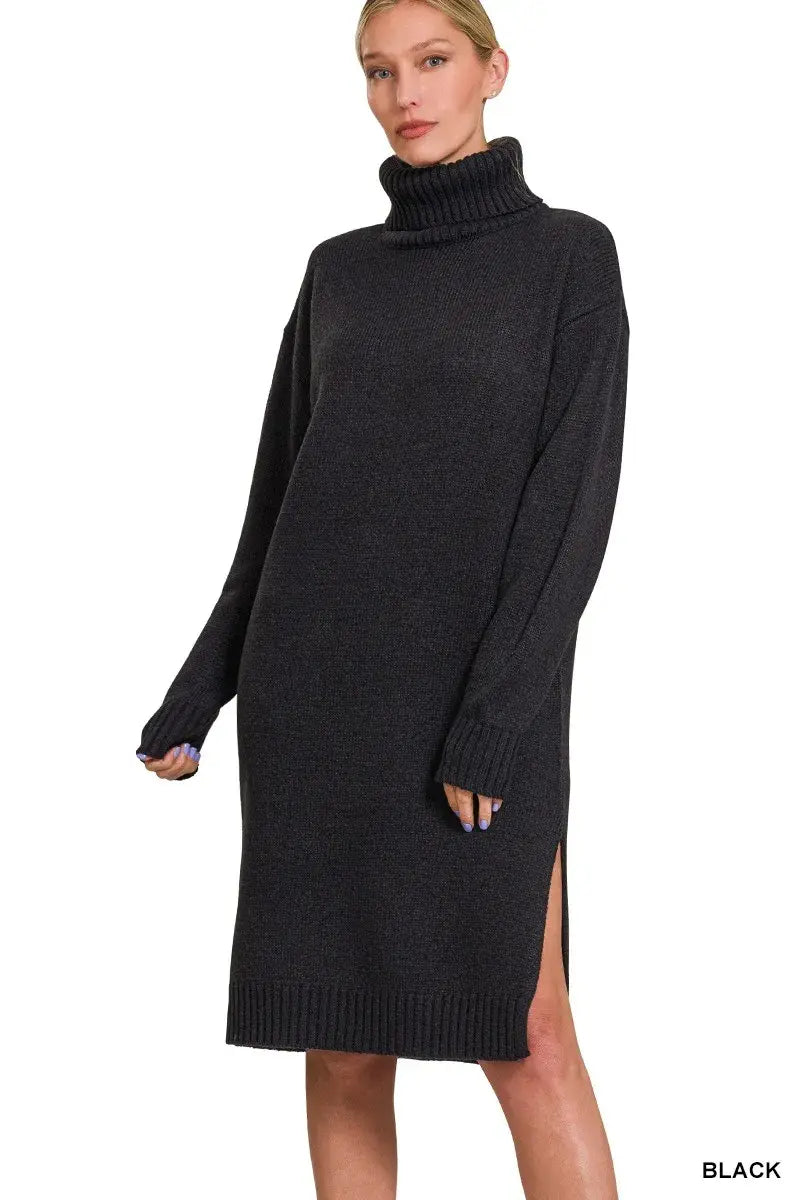 Zenana Turtle Neck Long Sleeve Midi Sweater Dress - Trendsi - Flyclothing LLC