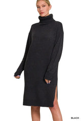 Zenana Turtle Neck Long Sleeve Midi Sweater Dress - Trendsi - Flyclothing LLC