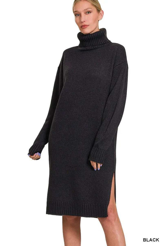 Zenana Turtle Neck Long Sleeve Midi Sweater Dress - Trendsi - Flyclothing LLC