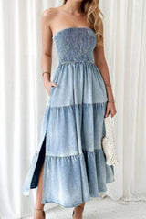 Smocked Tube Slit Tiered Denim Dress - Trendsi - Flyclothing LLC