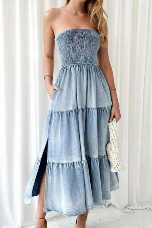 Smocked Tube Slit Tiered Denim Dress - Trendsi - Flyclothing LLC