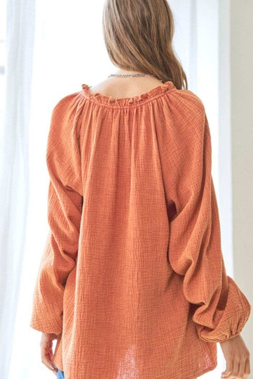 Frill V-Neck Balloon Sleeve Blouse - Trendsi - Flyclothing LLC