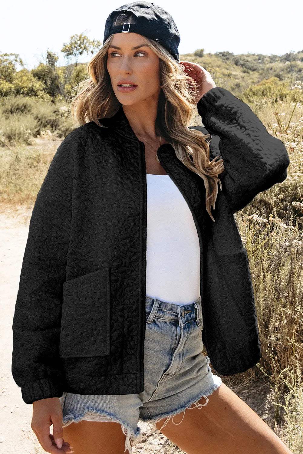Baseball Collar Floral Quilted Jacket - Trendsi - Flyclothing LLC