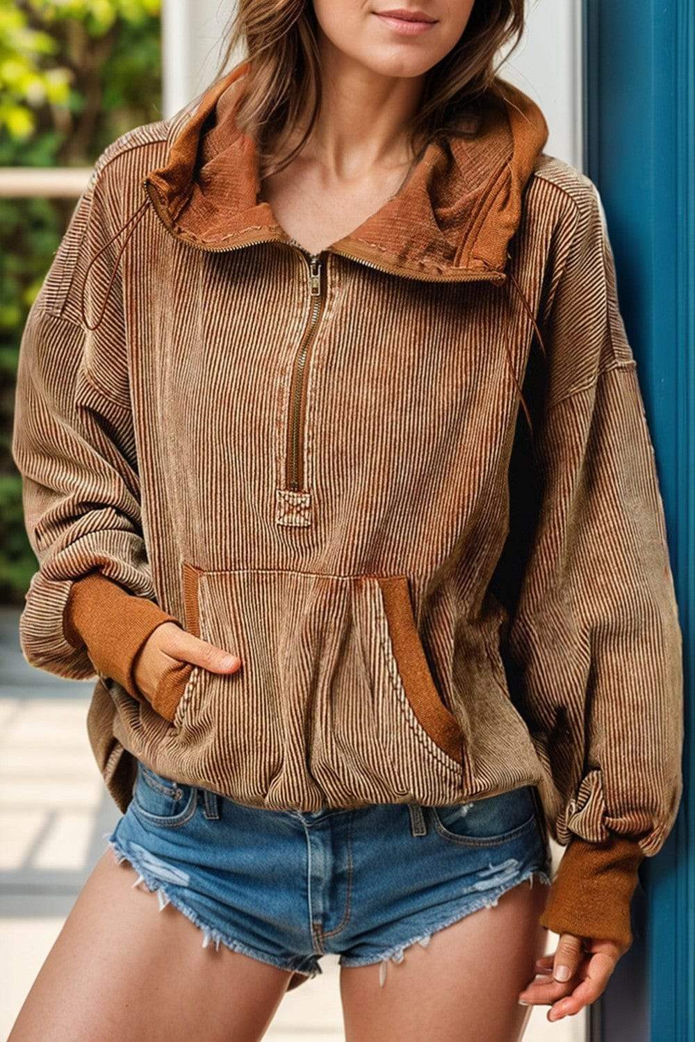 Drawstring Half Zip Long Sleeve Hoodie - Trendsi - Flyclothing LLC