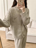 Pocketed Round Neck Button Up Cardigan and Pants Sweater Set - Trendsi - Flyclothing LLC