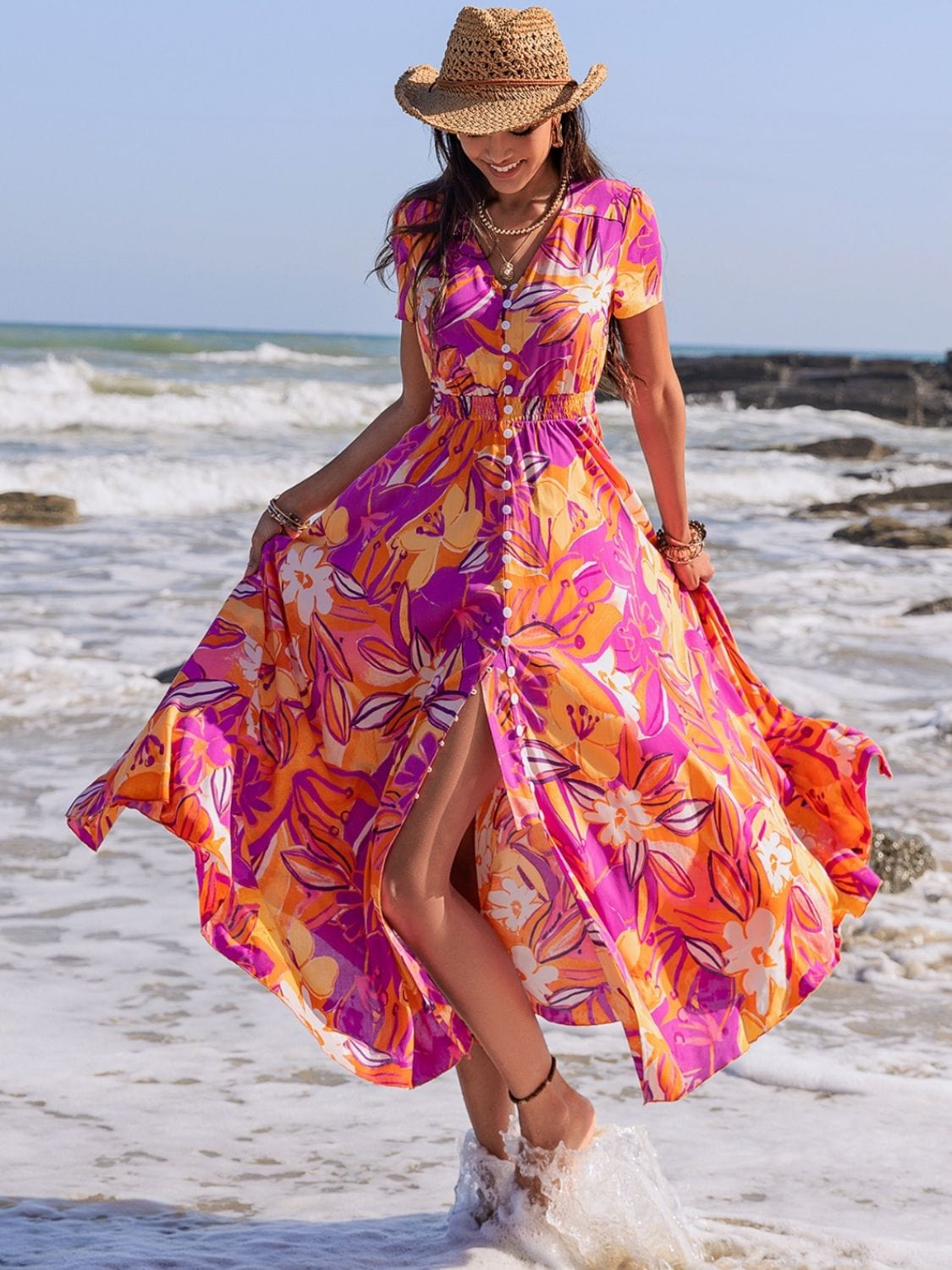 Printed V-Neck Short Sleeve Midi Dress - Trendsi